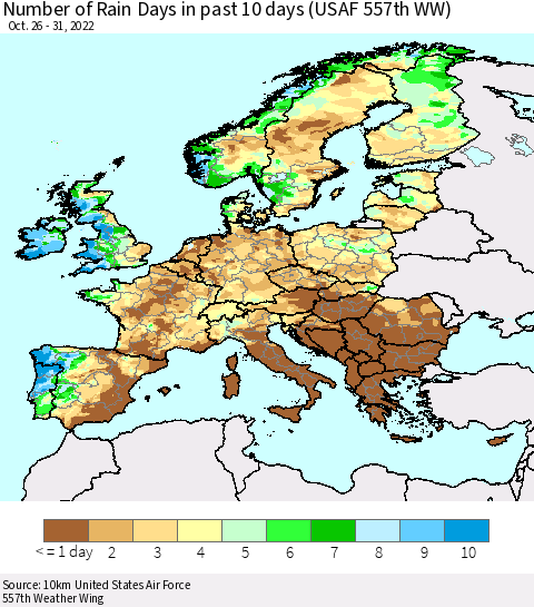 Europe Number of Rain Days in past 10 days (USAF 557th WW) Thematic Map For 10/26/2022 - 10/31/2022
