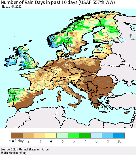 Europe Number of Rain Days in past 10 days (USAF 557th WW) Thematic Map For 11/1/2022 - 11/5/2022