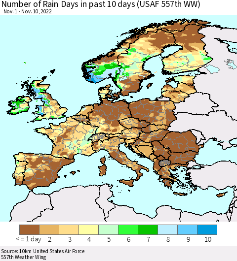 Europe Number of Rain Days in past 10 days (USAF 557th WW) Thematic Map For 11/6/2022 - 11/10/2022