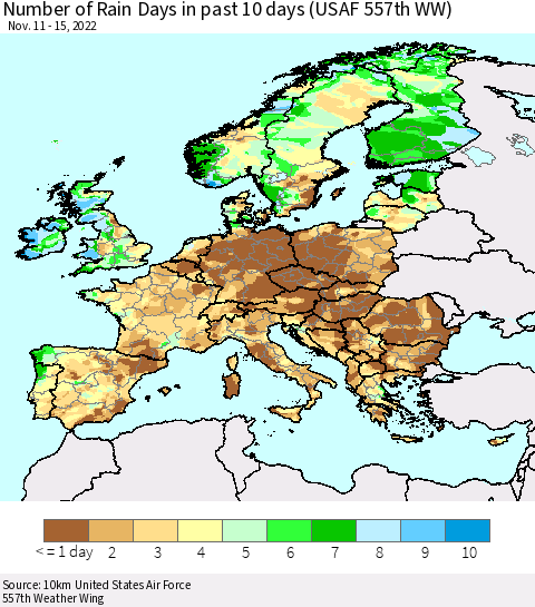 Europe Number of Rain Days in past 10 days (USAF 557th WW) Thematic Map For 11/11/2022 - 11/15/2022