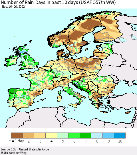 Europe Number of Rain Days in past 10 days (USAF 557th WW) Thematic Map For 11/16/2022 - 11/20/2022