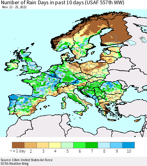 Europe Number of Rain Days in past 10 days (USAF 557th WW) Thematic Map For 11/21/2022 - 11/25/2022