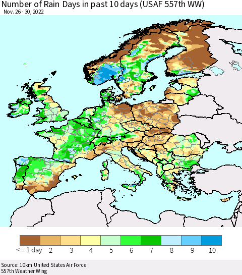Europe Number of Rain Days in past 10 days (USAF 557th WW) Thematic Map For 11/26/2022 - 11/30/2022
