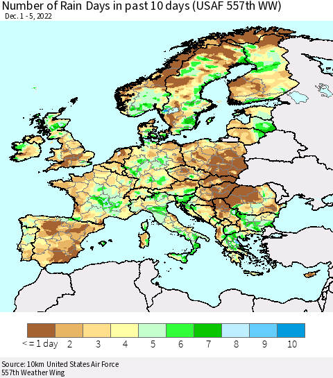 Europe Number of Rain Days in past 10 days (USAF 557th WW) Thematic Map For 12/1/2022 - 12/5/2022