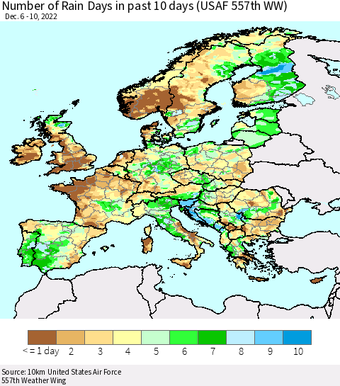 Europe Number of Rain Days in past 10 days (USAF 557th WW) Thematic Map For 12/6/2022 - 12/10/2022