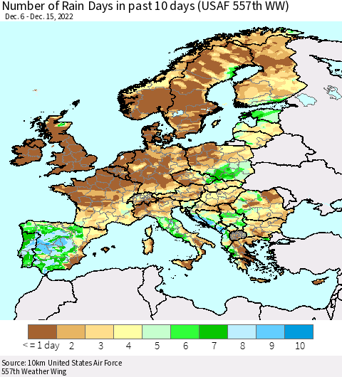 Europe Number of Rain Days in past 10 days (USAF 557th WW) Thematic Map For 12/11/2022 - 12/15/2022