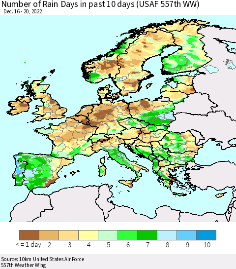 Europe Number of Rain Days in past 10 days (USAF 557th WW) Thematic Map For 12/16/2022 - 12/20/2022