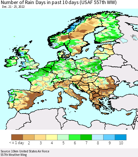 Europe Number of Rain Days in past 10 days (USAF 557th WW) Thematic Map For 12/21/2022 - 12/25/2022