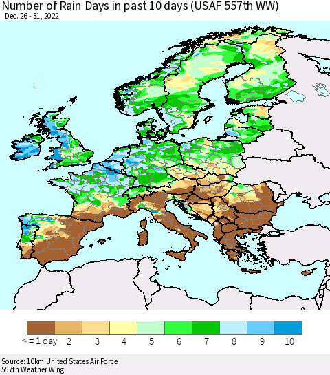 Europe Number of Rain Days in past 10 days (USAF 557th WW) Thematic Map For 12/26/2022 - 12/31/2022