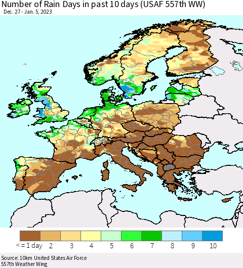 Europe Number of Rain Days in past 10 days (USAF 557th WW) Thematic Map For 1/1/2023 - 1/5/2023