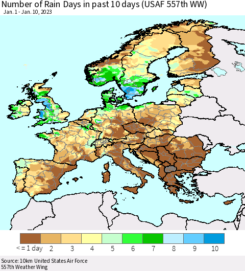 Europe Number of Rain Days in past 10 days (USAF 557th WW) Thematic Map For 1/6/2023 - 1/10/2023