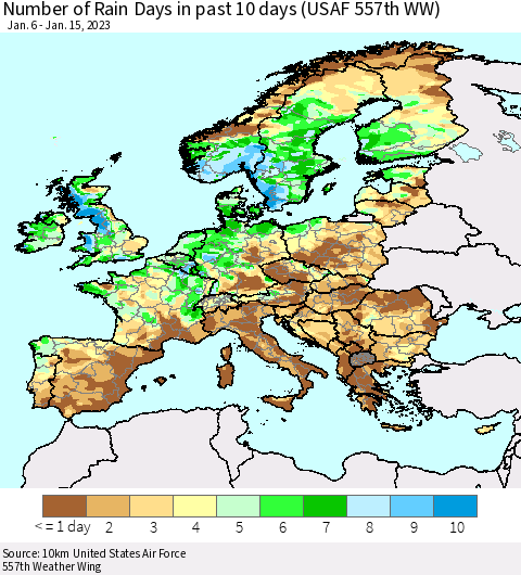 Europe Number of Rain Days in past 10 days (USAF 557th WW) Thematic Map For 1/11/2023 - 1/15/2023