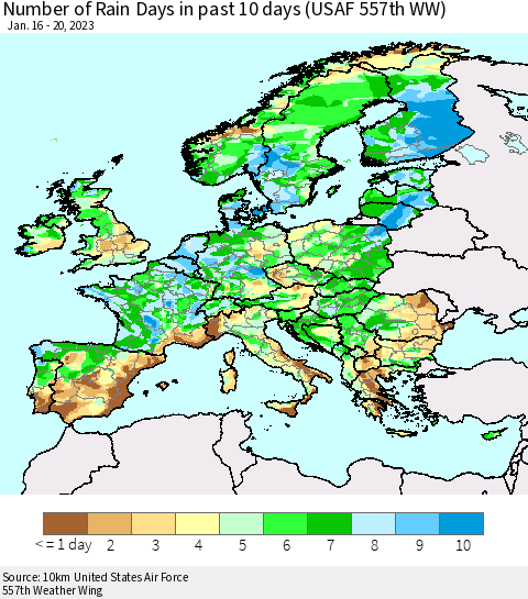 Europe Number of Rain Days in past 10 days (USAF 557th WW) Thematic Map For 1/16/2023 - 1/20/2023