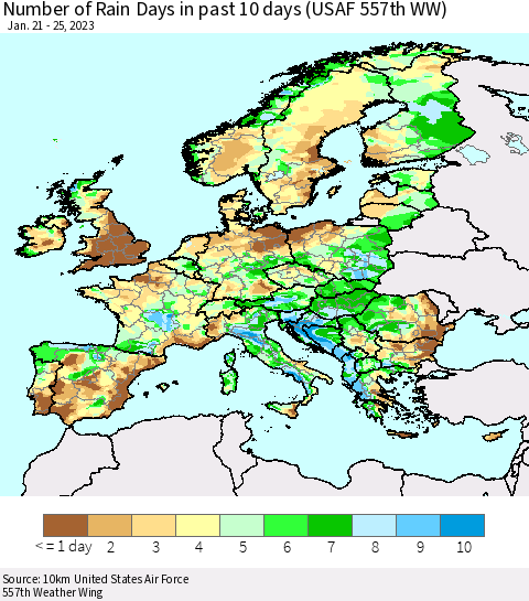 Europe Number of Rain Days in past 10 days (USAF 557th WW) Thematic Map For 1/21/2023 - 1/25/2023