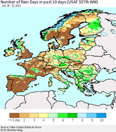 Europe Number of Rain Days in past 10 days (USAF 557th WW) Thematic Map For 1/26/2023 - 1/31/2023