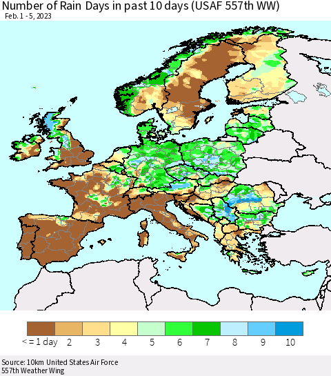 Europe Number of Rain Days in past 10 days (USAF 557th WW) Thematic Map For 2/1/2023 - 2/5/2023