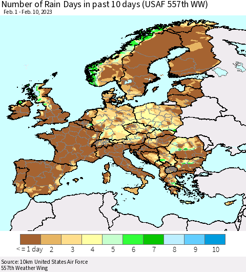 Europe Number of Rain Days in past 10 days (USAF 557th WW) Thematic Map For 2/6/2023 - 2/10/2023