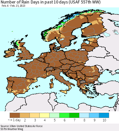 Europe Number of Rain Days in past 10 days (USAF 557th WW) Thematic Map For 2/11/2023 - 2/15/2023
