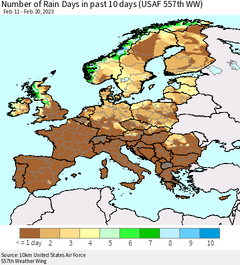 Europe Number of Rain Days in past 10 days (USAF 557th WW) Thematic Map For 2/16/2023 - 2/20/2023