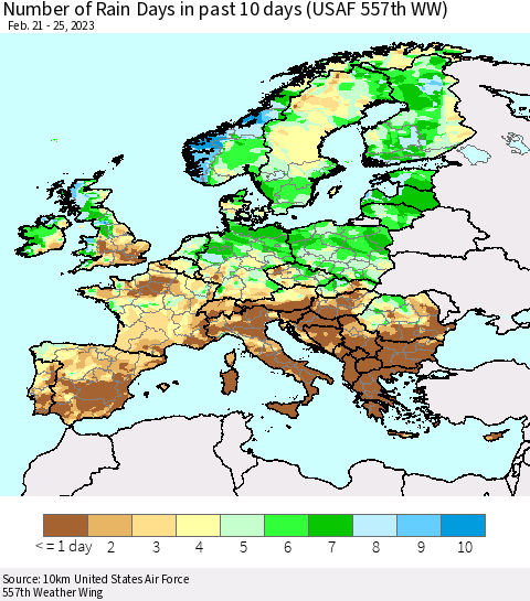 Europe Number of Rain Days in past 10 days (USAF 557th WW) Thematic Map For 2/21/2023 - 2/25/2023