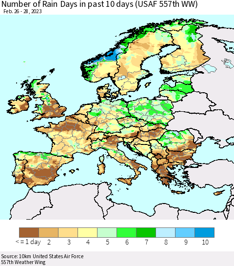Europe Number of Rain Days in past 10 days (USAF 557th WW) Thematic Map For 2/26/2023 - 2/28/2023