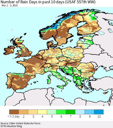 Europe Number of Rain Days in past 10 days (USAF 557th WW) Thematic Map For 3/1/2023 - 3/5/2023