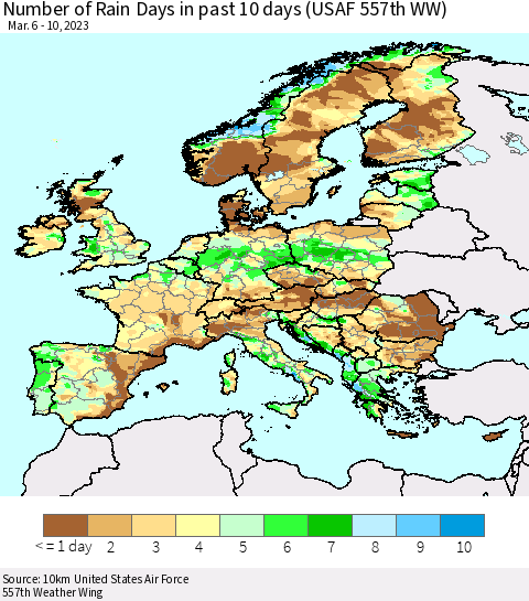 Europe Number of Rain Days in past 10 days (USAF 557th WW) Thematic Map For 3/6/2023 - 3/10/2023