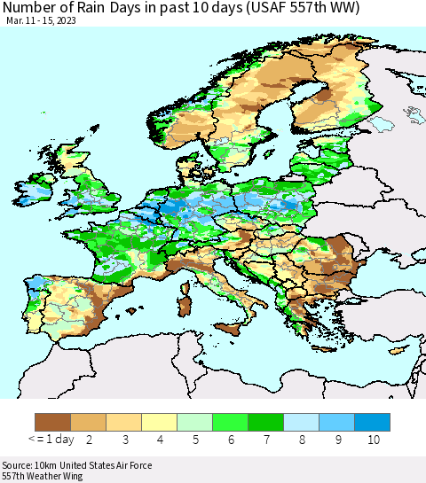 Europe Number of Rain Days in past 10 days (USAF 557th WW) Thematic Map For 3/11/2023 - 3/15/2023