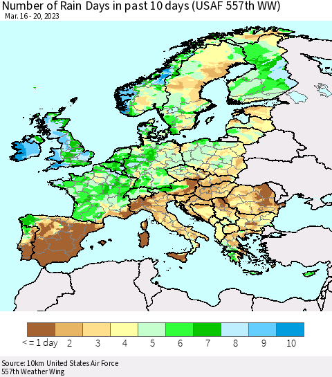 Europe Number of Rain Days in past 10 days (USAF 557th WW) Thematic Map For 3/16/2023 - 3/20/2023