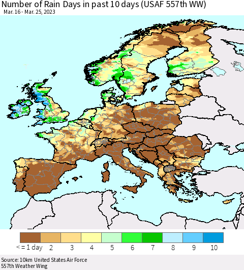 Europe Number of Rain Days in past 10 days (USAF 557th WW) Thematic Map For 3/21/2023 - 3/25/2023