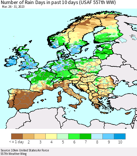 Europe Number of Rain Days in past 10 days (USAF 557th WW) Thematic Map For 3/26/2023 - 3/31/2023