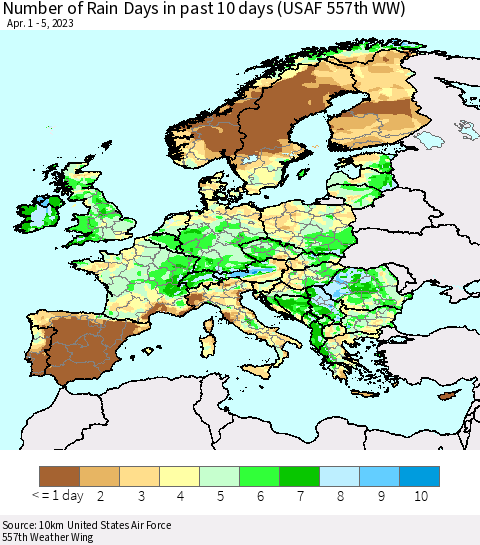 Europe Number of Rain Days in past 10 days (USAF 557th WW) Thematic Map For 4/1/2023 - 4/5/2023