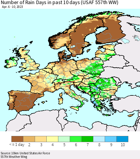 Europe Number of Rain Days in past 10 days (USAF 557th WW) Thematic Map For 4/6/2023 - 4/10/2023
