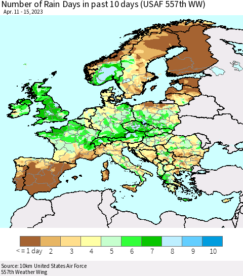 Europe Number of Rain Days in past 10 days (USAF 557th WW) Thematic Map For 4/11/2023 - 4/15/2023