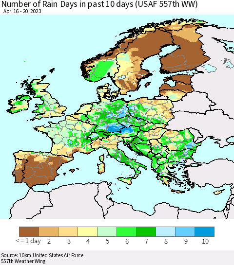 Europe Number of Rain Days in past 10 days (USAF 557th WW) Thematic Map For 4/16/2023 - 4/20/2023