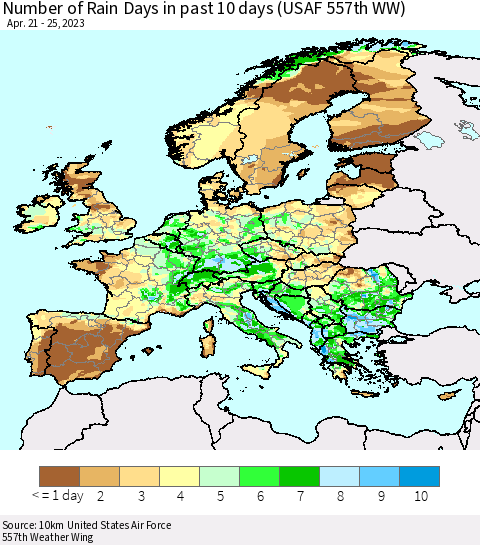 Europe Number of Rain Days in past 10 days (USAF 557th WW) Thematic Map For 4/21/2023 - 4/25/2023