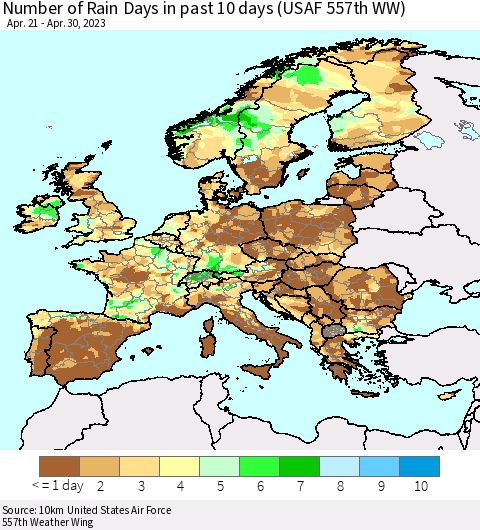 Europe Number of Rain Days in past 10 days (USAF 557th WW) Thematic Map For 4/26/2023 - 4/30/2023