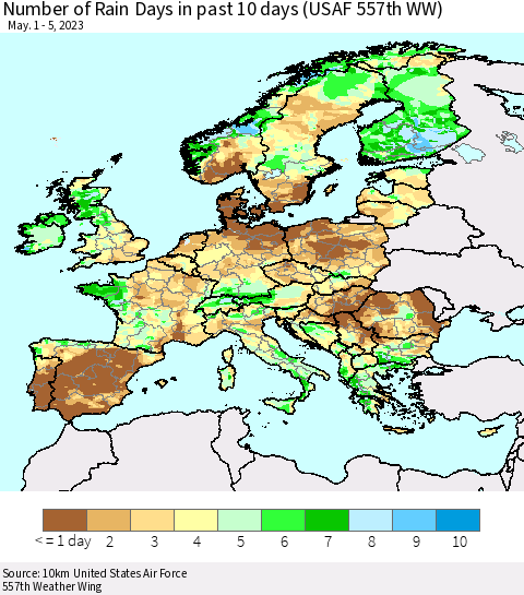 Europe Number of Rain Days in past 10 days (USAF 557th WW) Thematic Map For 5/1/2023 - 5/5/2023