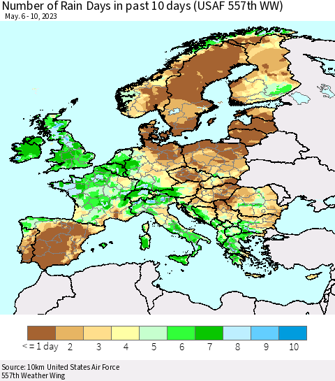 Europe Number of Rain Days in past 10 days (USAF 557th WW) Thematic Map For 5/6/2023 - 5/10/2023