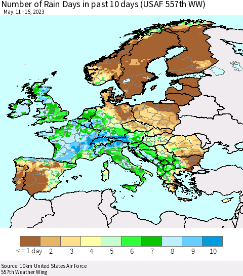 Europe Number of Rain Days in past 10 days (USAF 557th WW) Thematic Map For 5/11/2023 - 5/15/2023