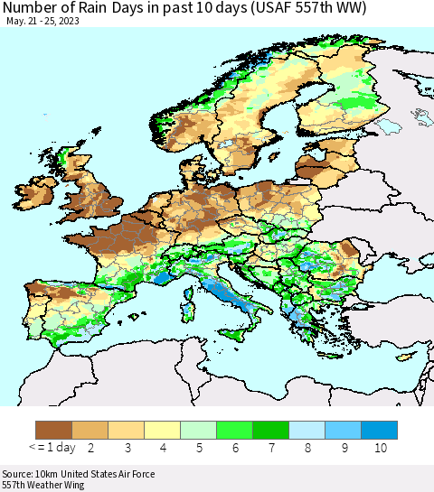 Europe Number of Rain Days in past 10 days (USAF 557th WW) Thematic Map For 5/21/2023 - 5/25/2023
