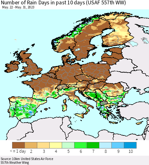 Europe Number of Rain Days in past 10 days (USAF 557th WW) Thematic Map For 5/26/2023 - 5/31/2023