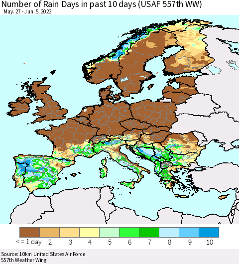 Europe Number of Rain Days in past 10 days (USAF 557th WW) Thematic Map For 6/1/2023 - 6/5/2023