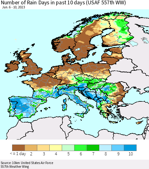 Europe Number of Rain Days in past 10 days (USAF 557th WW) Thematic Map For 6/6/2023 - 6/10/2023
