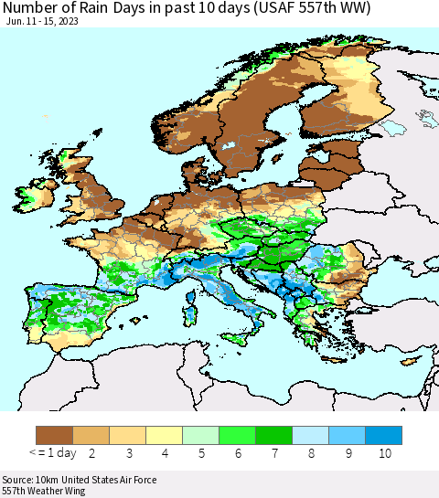 Europe Number of Rain Days in past 10 days (USAF 557th WW) Thematic Map For 6/11/2023 - 6/15/2023