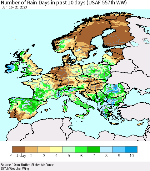Europe Number of Rain Days in past 10 days (USAF 557th WW) Thematic Map For 6/16/2023 - 6/20/2023