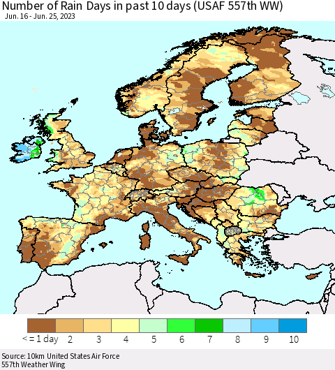 Europe Number of Rain Days in past 10 days (USAF 557th WW) Thematic Map For 6/21/2023 - 6/25/2023