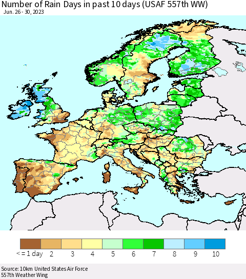 Europe Number of Rain Days in past 10 days (USAF 557th WW) Thematic Map For 6/26/2023 - 6/30/2023
