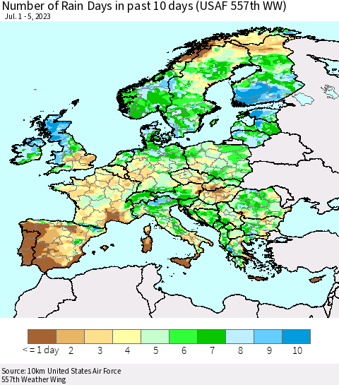 Europe Number of Rain Days in past 10 days (USAF 557th WW) Thematic Map For 7/1/2023 - 7/5/2023