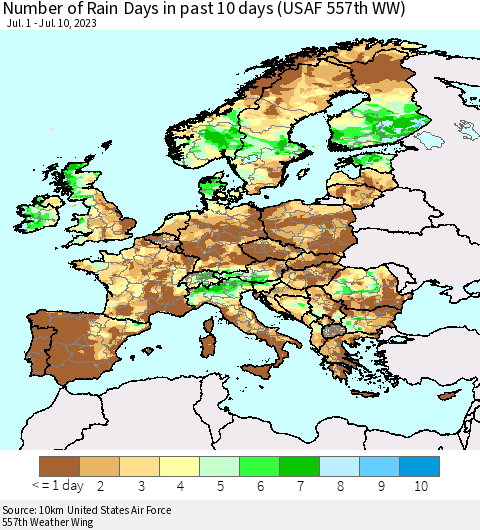 Europe Number of Rain Days in past 10 days (USAF 557th WW) Thematic Map For 7/6/2023 - 7/10/2023